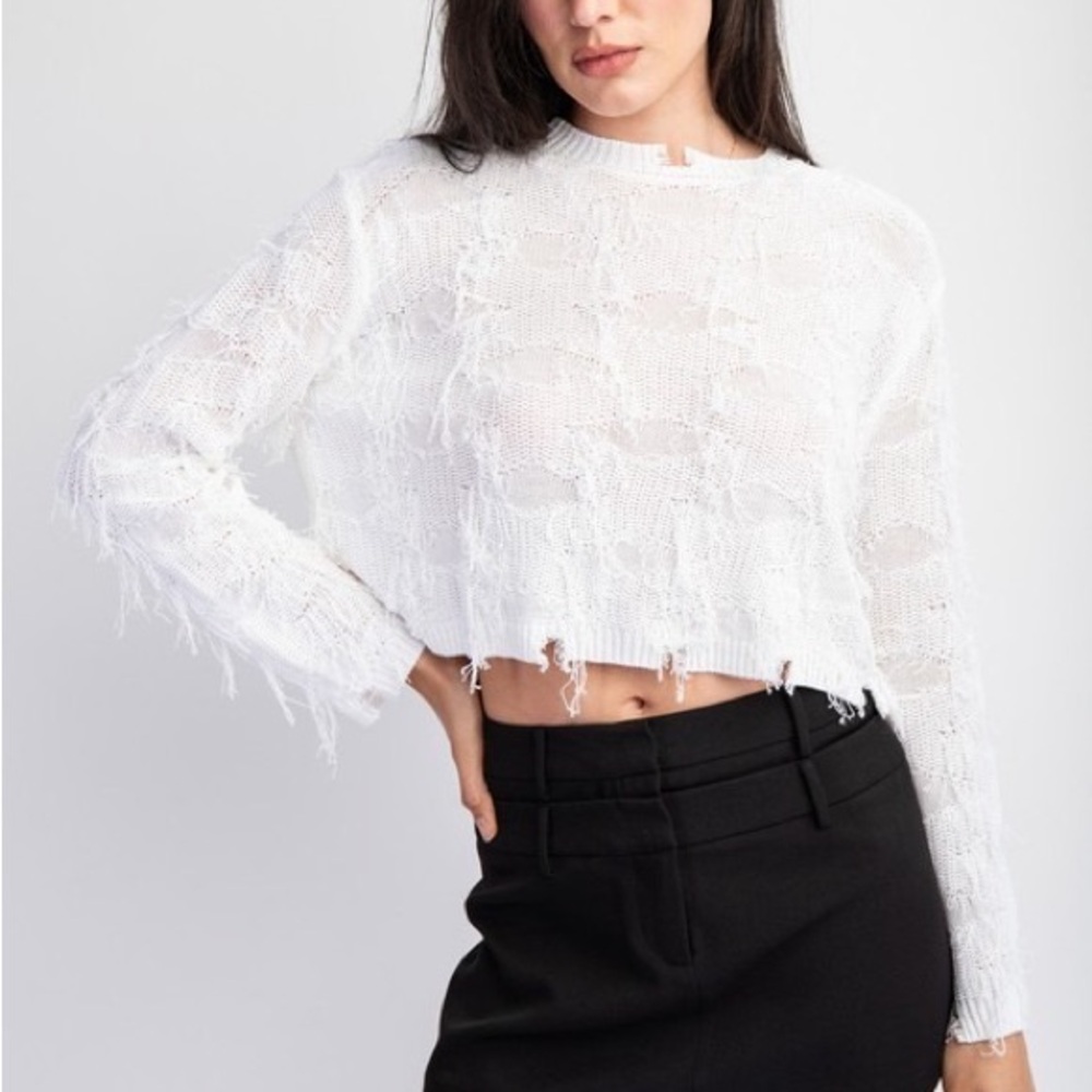White Frayed Knit Crop Top is new